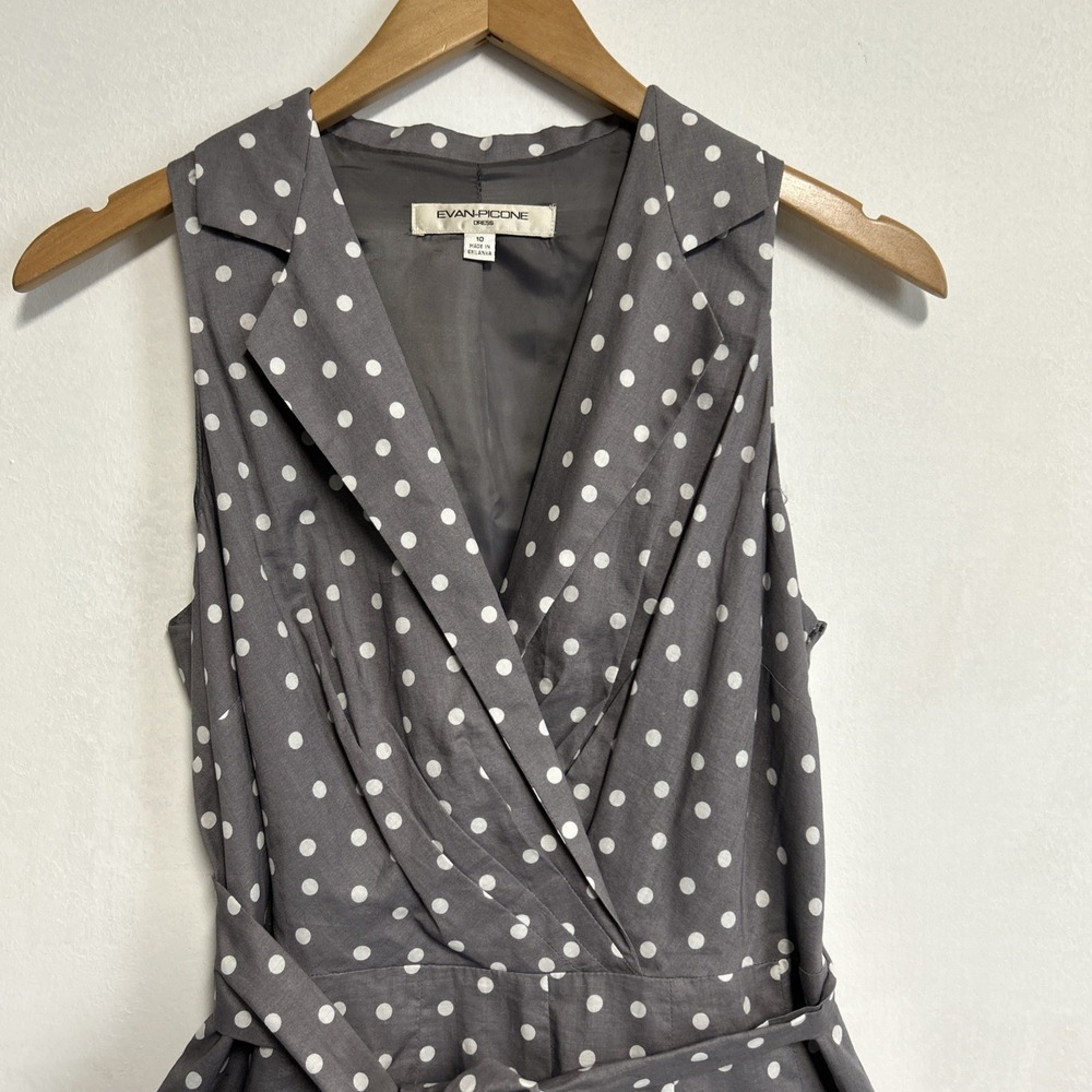 Evan Picone Women's 10 Gray White Polka Dot Dress Belted Sleeveless Collar Zip‎ - Picture 3 of 16
